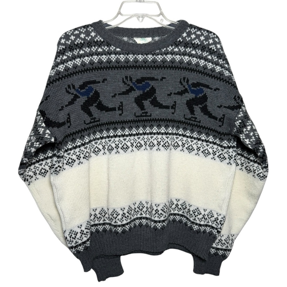 Vintage 80s Speed Skating Fair Isle Sweater Size Large Grey Winter